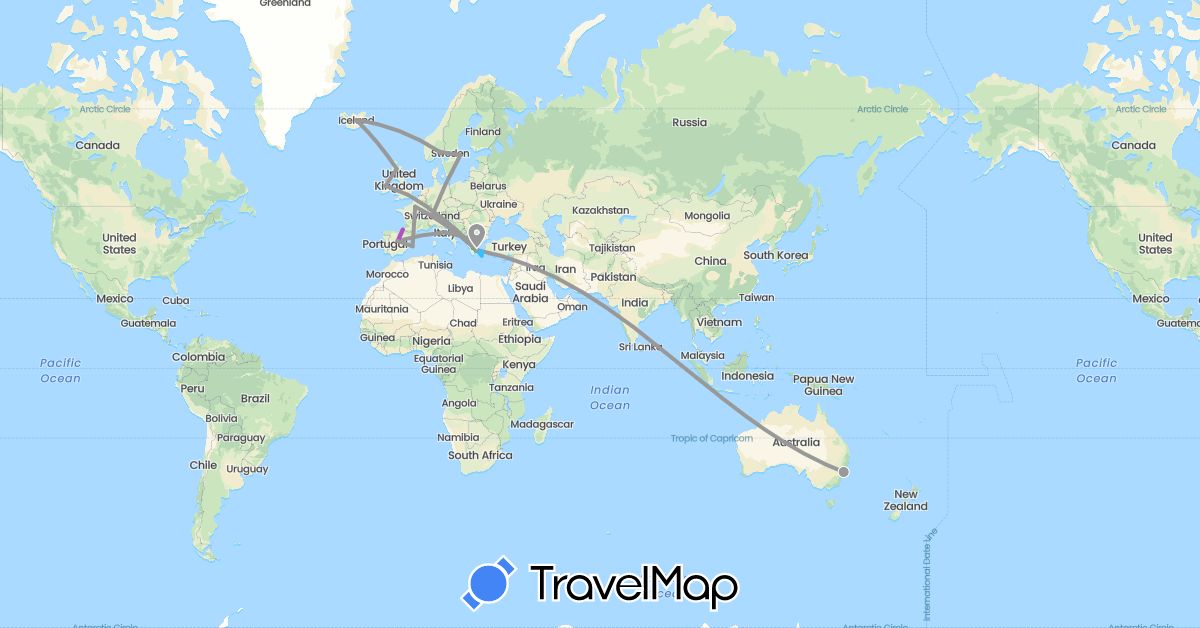 TravelMap itinerary: driving, bus, plane, train, boat in Australia, Switzerland, Spain, France, United Kingdom, Greece, Ireland, Iceland, Italy, Norway, Sweden (Europe, Oceania)